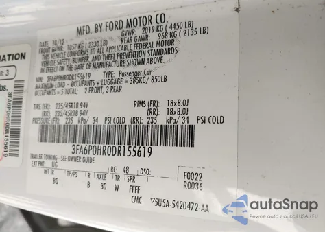 2013 Ford Fusion Se z USA, uszkodzony, nr VIN 3FA6P0HR0DR155619